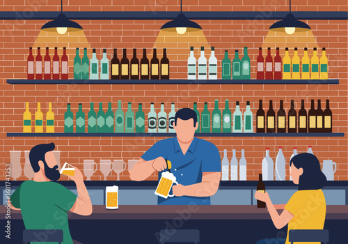 People enjoying drinks at a lively bar with a bartender serving refreshing beverages from a well-stocked shelf