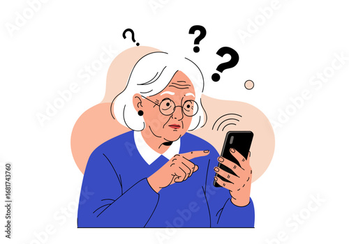 Elderly woman confused by modern technology smartphone usage and digital communication challenges