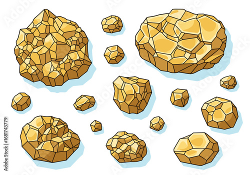 A collection of golden crystalline mineral specimens featuring geometric facets and jagged edges