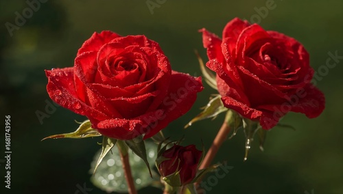 Two red rose blossoms with water droplets on petals in a garden setting