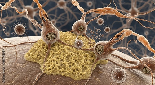 Scientific visualization of beta-amyloid plaque accumulation causing the degeneration of neurons in the brain, a key factor in neurodegenerative disease