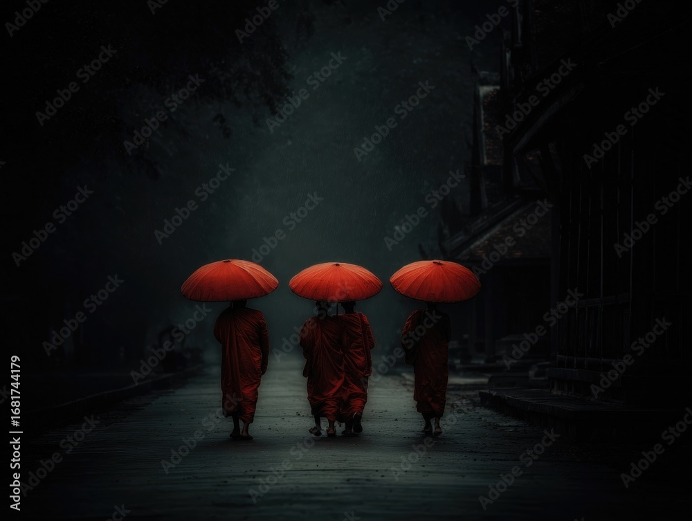 Obraz premium Winning photography group of priests walking along a misty path under red umbrellas