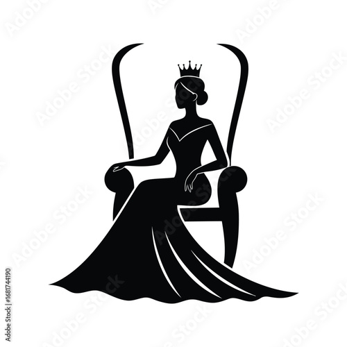 Queen Silhouette in Throne Royalty Elegance Leadership Black and White Vector Graphic