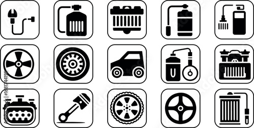 Collection of Automotive Icons Representing Car Parts and Accessories for Maintenance and Repair Black and White Themed Set