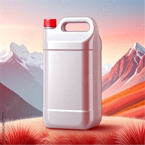 Plastic canister, mountains, sunset