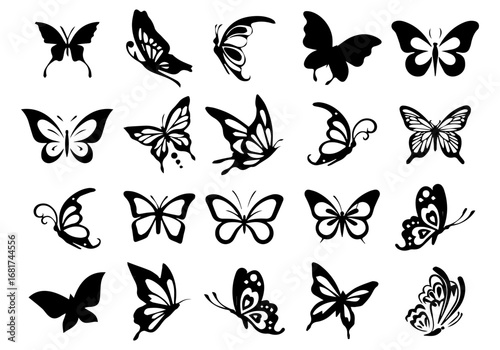 Silhouettes of butterflies. Black pictures of funny butterflies. Insect butterfly black silhouette, winged gorgeous animal, vector illustration