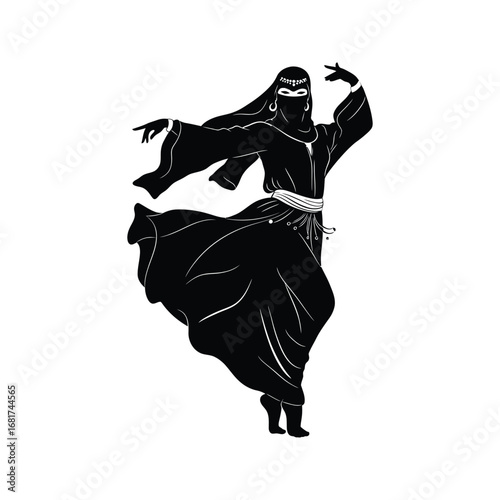 Silhouette of a Woman in Traditional Middle Eastern Dress Performing a Dance