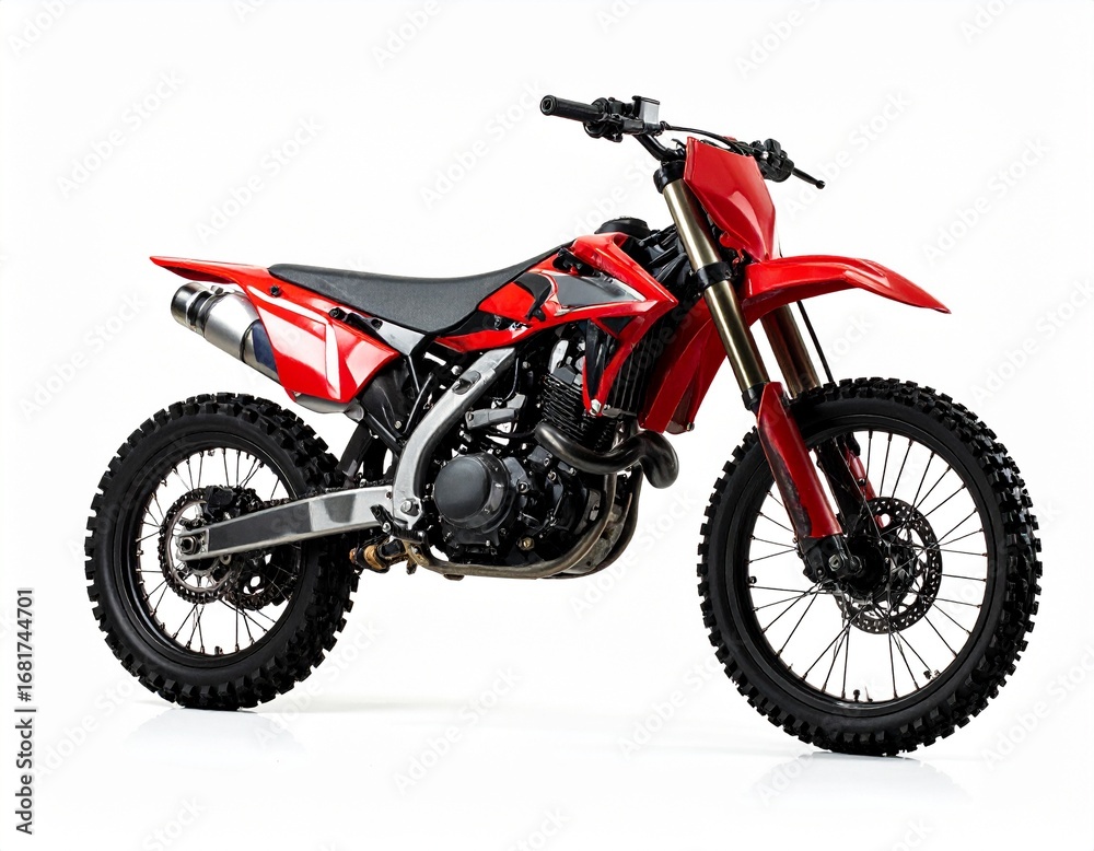 Fototapeta premium Another red motocross bike with modern styling, angled to showcase its frame and suspension