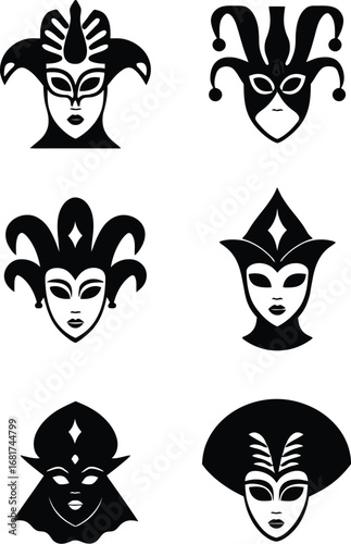 Mysterious Masks: A collection of elegant, black-and-white carnival masks, each uniquely designed, hinting at the intrigue and secrecy of a masquerade. 