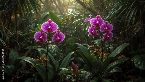 Two vibrant purple orchids bloom in a lush tropical forest setting