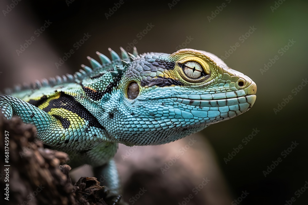 Obraz premium a vibrant blue lizard perched on tree branch with striking eyes