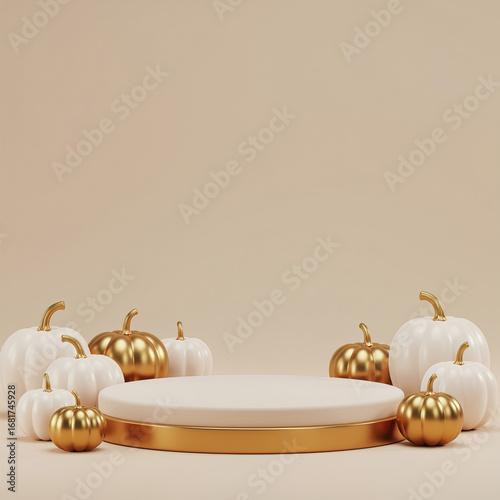 Elegant Gold and White Pumpkins on Podium 3D rendering 3D illust