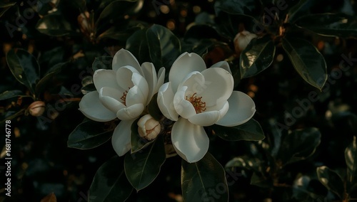 Two white magnolia flowers blooming with dark green leaves in the background