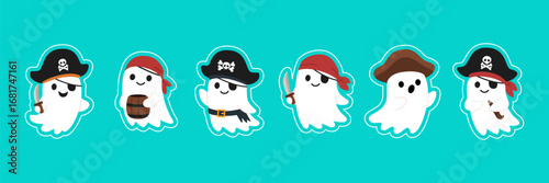 Cute Kawaii Pirate Ghost Characters with Hats Swords and Funny Accessories Adorable Halloween Boo Spirits in Costumes Spooky and Playful Illustration