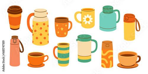 Colorful thermoses, travel mugs, tumblers, and thermal cups for hot drinks, insulated bottles, vacuum flasks, reusable beverage containers, portable bottles