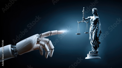 Android robot's hand reaching toward the Lady of Justice statue. Concept of AI artificial intelligence technology in law.  