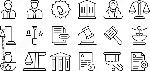 Collection of legal and justice icons representing law and order