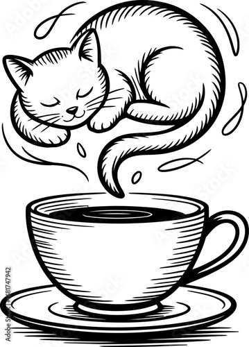 Whimsical illustration of a sleeping cat floating above a steaming cup of coffee