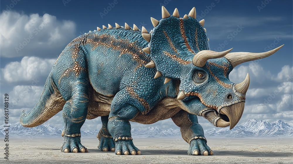 Fototapeta premium Large, stylized dinosaur with three horns, vibrant blue and gold scales, stands on a barren landscape