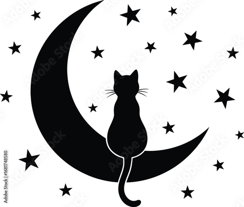 Vector art of black silhouette of a cat sitting on the moon