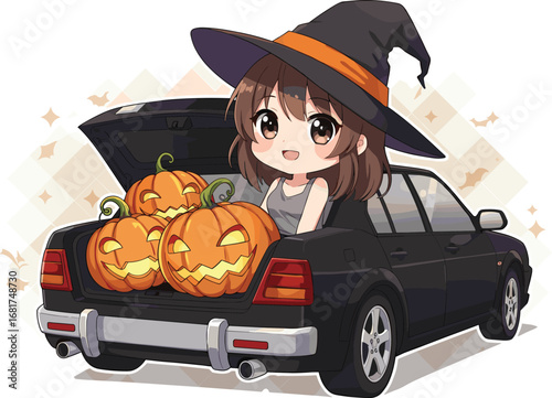 Cute Chibi Witch Girl Sitting in Car Trunk with Pumpkins, Halloween Trunk or Treat Scene, Fun Anime Style Illustration