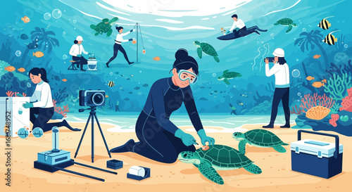 Marine biologists conduct turtle research and conservation efforts underwater ecosystem