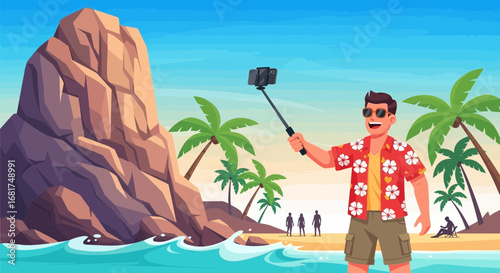 Cheerful tourist capturing tropical island view with selfie stick photo