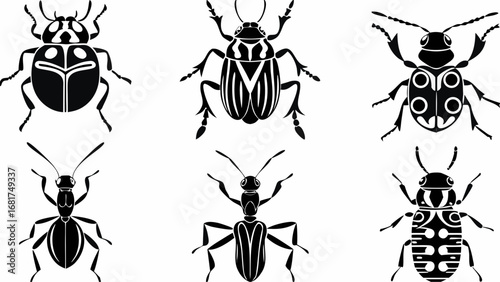 Illustration of six different types of beetles and ants in black and white vector format design style created with generated ai