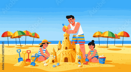 A father and his children are enjoying family summer vacation on the beach