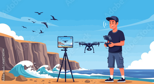 Coastal Drone Operator Capturing Cinematic Views of Ocean Landscape with Technology