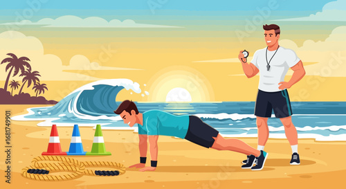 Beach workout session with personal trainer under the vibrant sunrise backdrop