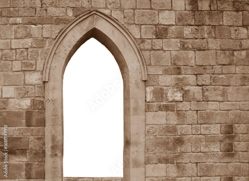 Architectural Aesthetic.  historical Rustic stone rock Arched window frame Doorway Framing a Curved arch  in Historic Chateau Mock up white template mockup empty blank Mock-up