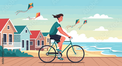 Coastal Bicycle Ride with Kites: A Serene Seaside Vacation Illustration