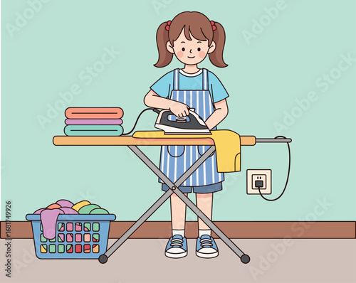 Cartoon girl ironing clothes at home with laundry basket, folded garments, and plugged ironing board in clean domestic setting