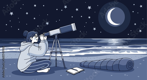 Cartoon-Style Illustration of Nighttime Observation with Telescope on a Beach