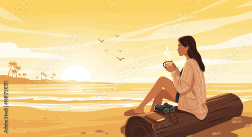 Solitary Woman enjoying the beach view with coffee on a picturesque morning