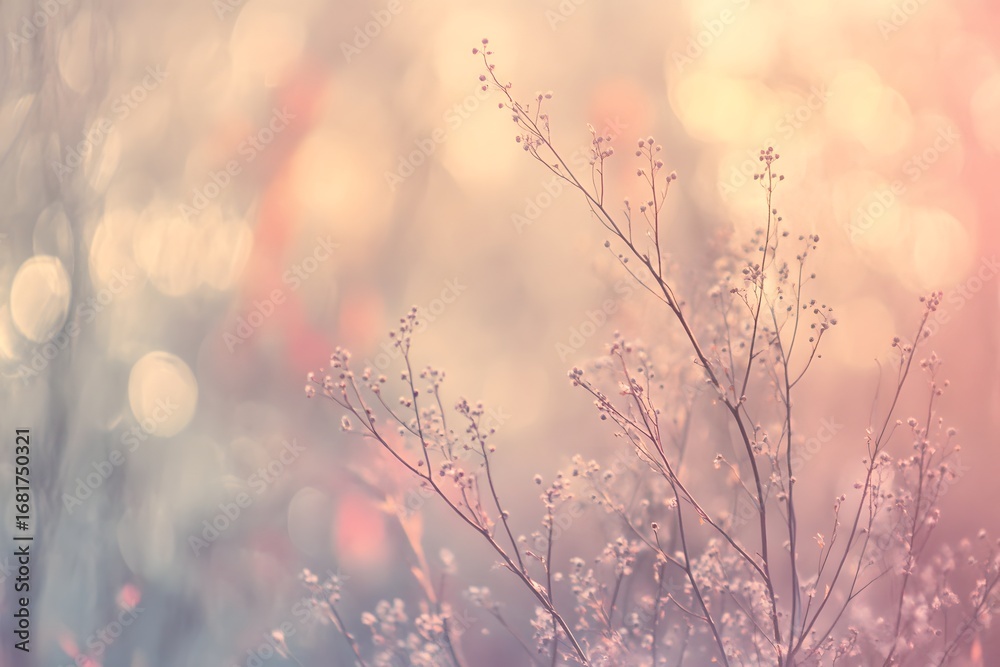 Obraz premium Close up of delicate branches with small buds against a soft pastel pink and beige bokeh background