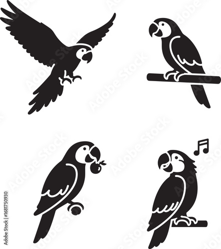 Black silhouette vector of four parrots on white background vector graphics
