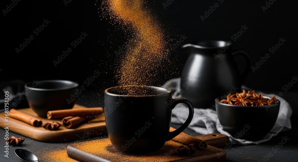 Fototapeta premium Golden Spice Mix Pouring into a Black Coffee Mug