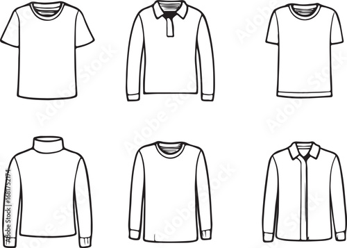 Collection of Different Shirt Styles Including Tshirts Polo Shirts Turtlenecks and ButtonDown Shirts for Men and Women Outlines