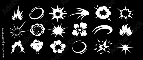 Comic Book Explosion & Impact Effects: White on Black Vector Graphics