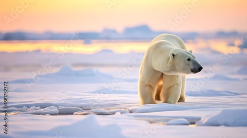 Majestic Polar Bear Walking on Arctic Ice at Sunset