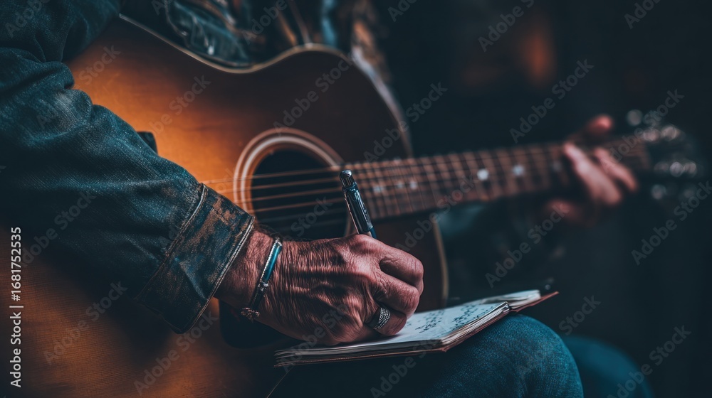 Obraz premium Close-up of a person playing guitar and writing