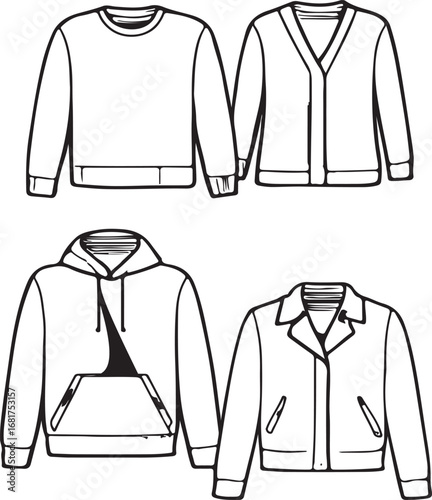 Outlines of Various Clothing Garments Featuring a Sweatshirt Cardigan Hoodie and Jacket for Fashion and Apparel Designs