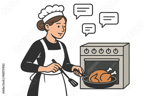 Concept illustration of a woman listening to a podcast while preparing a meal in a kitchen setting