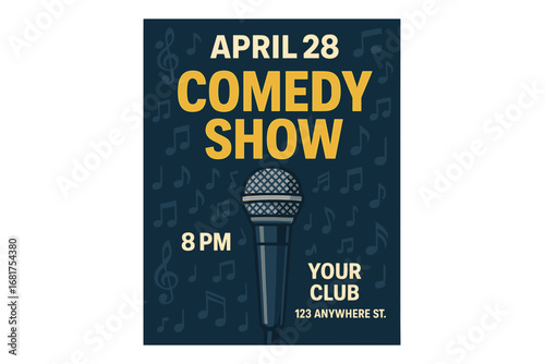 A vintage microphone adorns a dark background in this retro-themed comedy show poster template