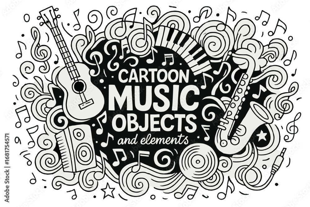 Obraz premium Set of hand-drawn music-themed doodles, symbols, and objects in a vector line art style