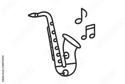 A linear style icon of a saxophone and music notes, suitable for mobile concept and web design, vector illustration