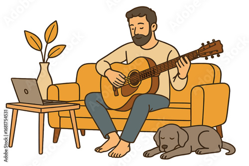 The tiny person concept illustrates studying guitar chords and tabs as a practice or lesson using a computer for distant home training