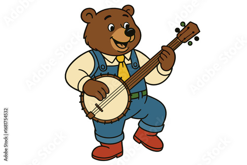 A cartoon bear is depicted playing the banjo in a humorous image with the bear wearing blue jeans